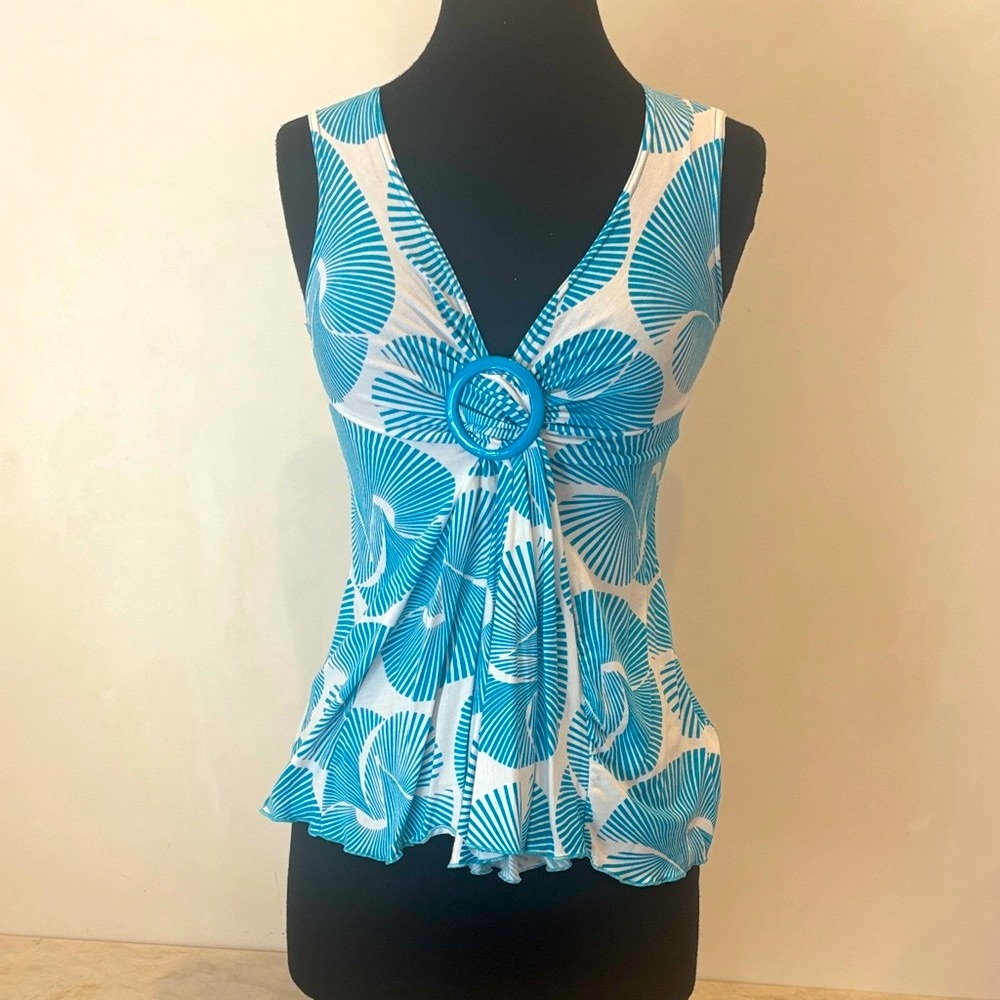 NWOT French STRASSDT Spiral Print Ring Top Blue White, SizeTall Bought in France